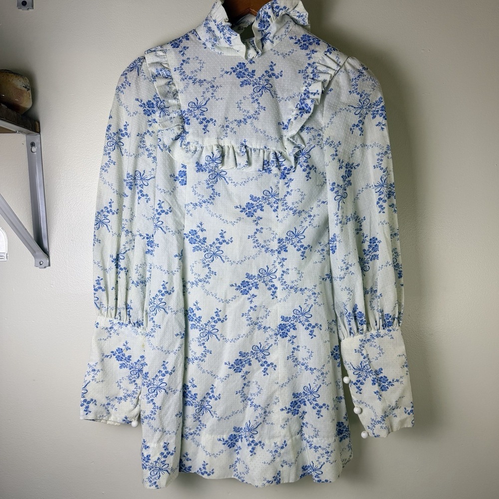 Vtg 70s Victorian Inspired High Collar Mini Dress Coquette Rockette Peace/love